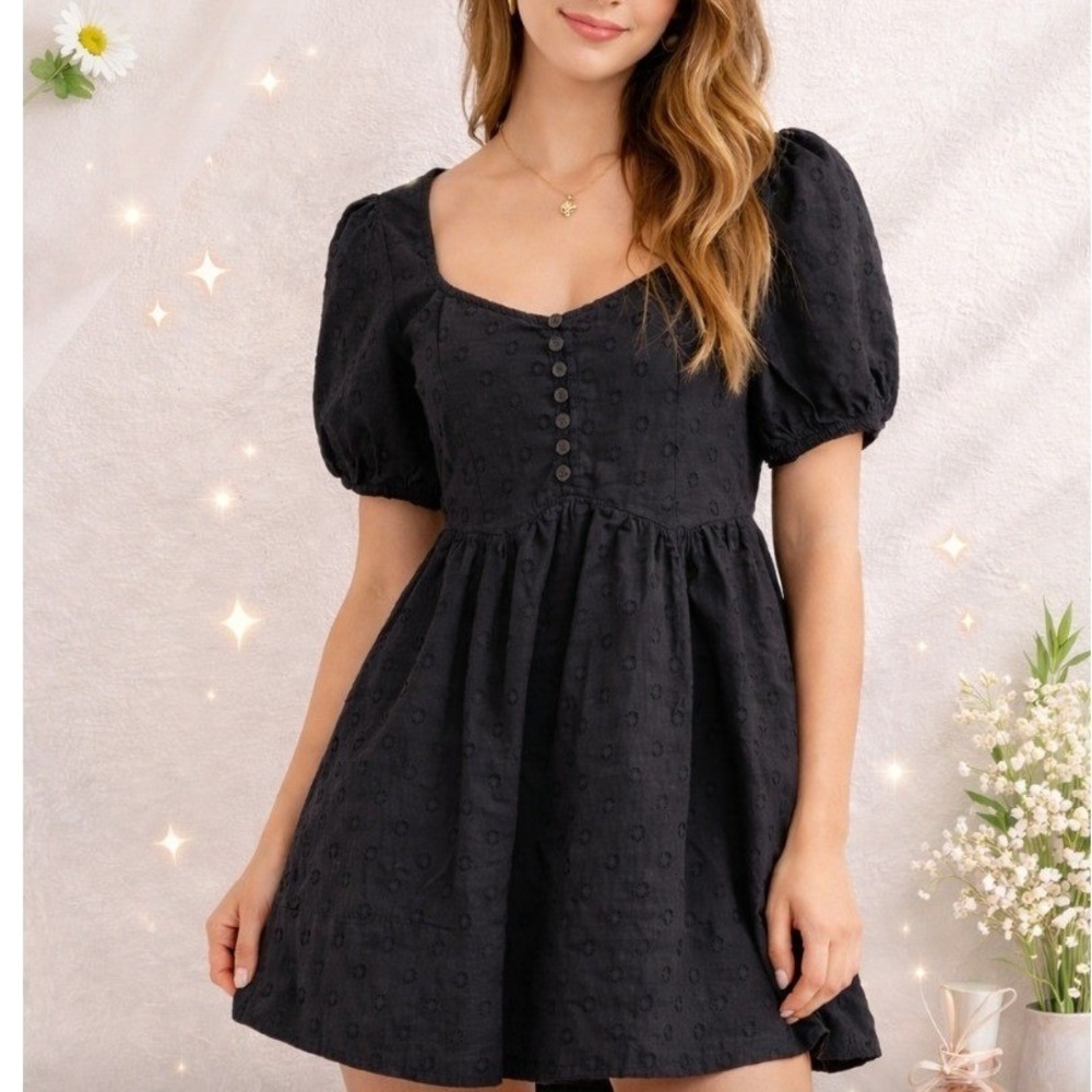 Kimchi Blue Urban Outfitters Black Cotton Clip Dot Babydoll Mini Dress Small S